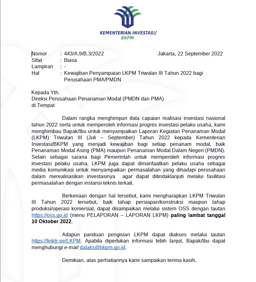 Penyampaian LKPM Triwulan III (Juli - September) tahun 2022